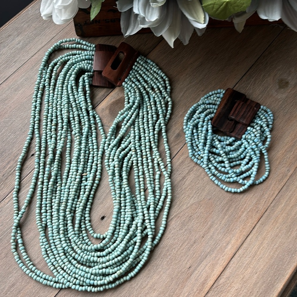 Turquoise bead and wood necklace bracelet set